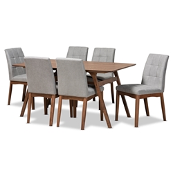 Baxton Studio Tara Mid-Century Modern Light Grey Fabric Upholstered and Walnut Brown Finished Wood 7-Piece Dining Set